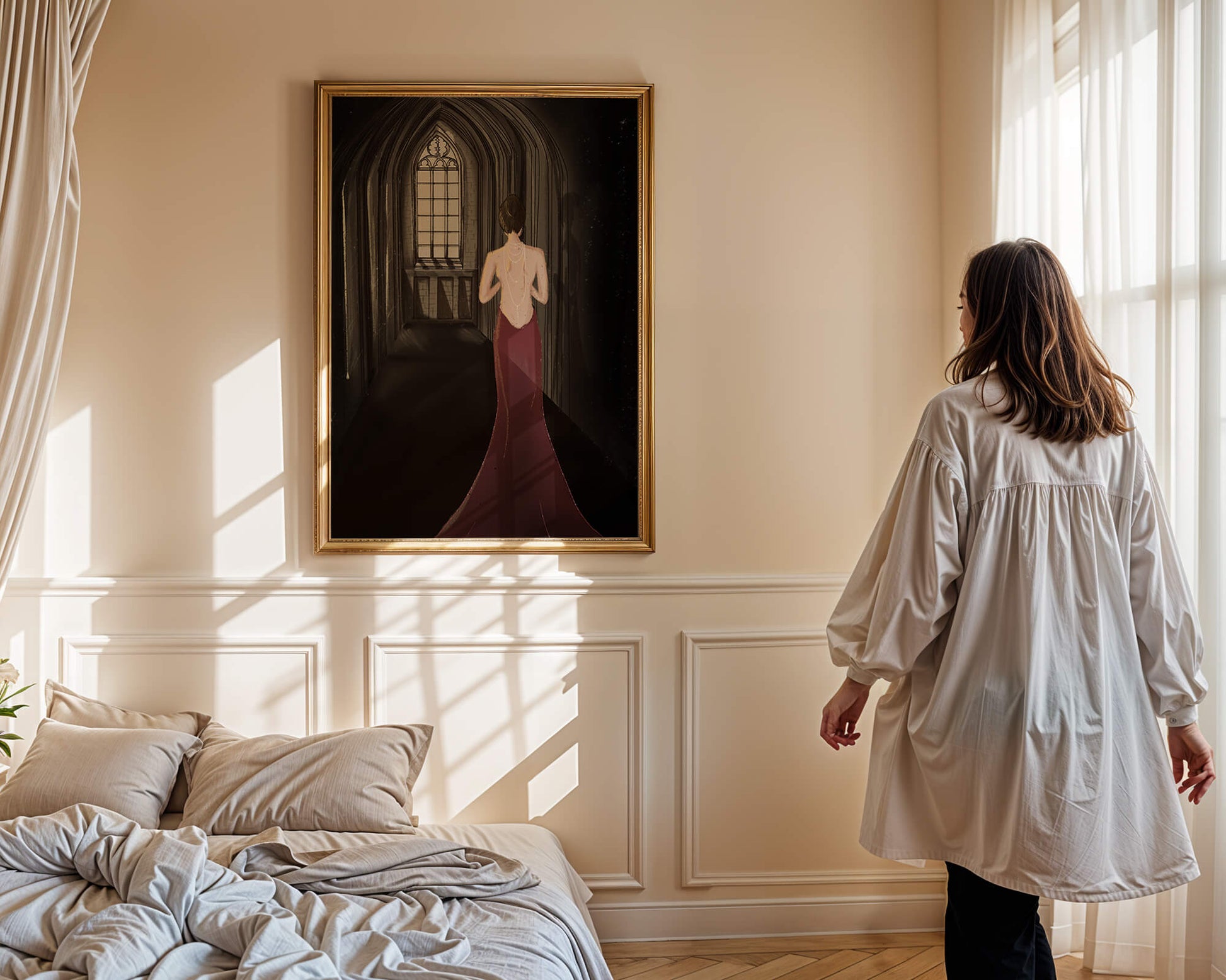 Elegant woman in a red dress inside a gothic hallway