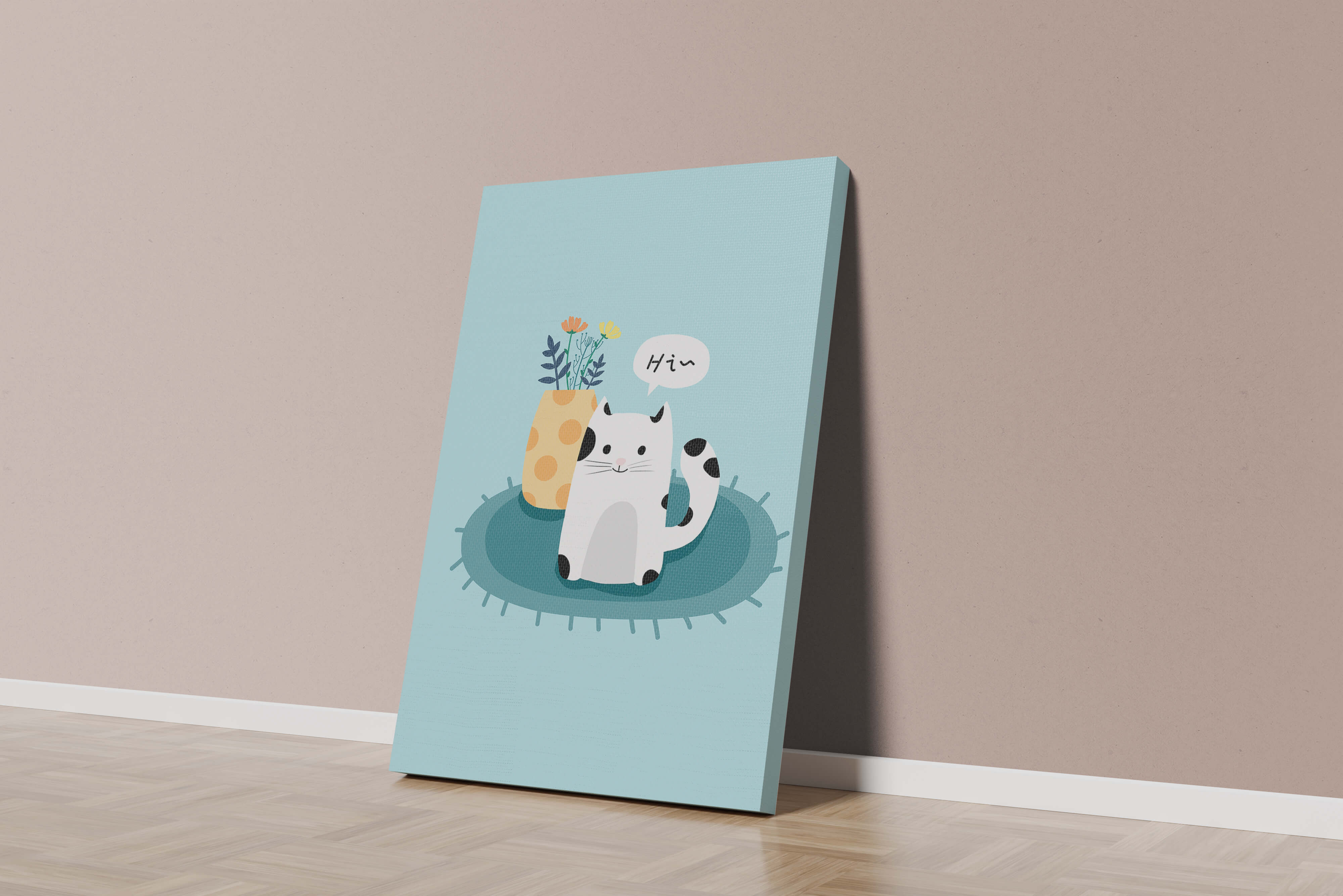 Cute illustration of a cat and flowers on a rug with a speech bubble