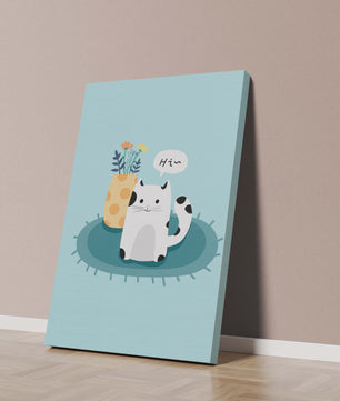 Cute illustration of a cat and flowers on a rug with a speech bubble