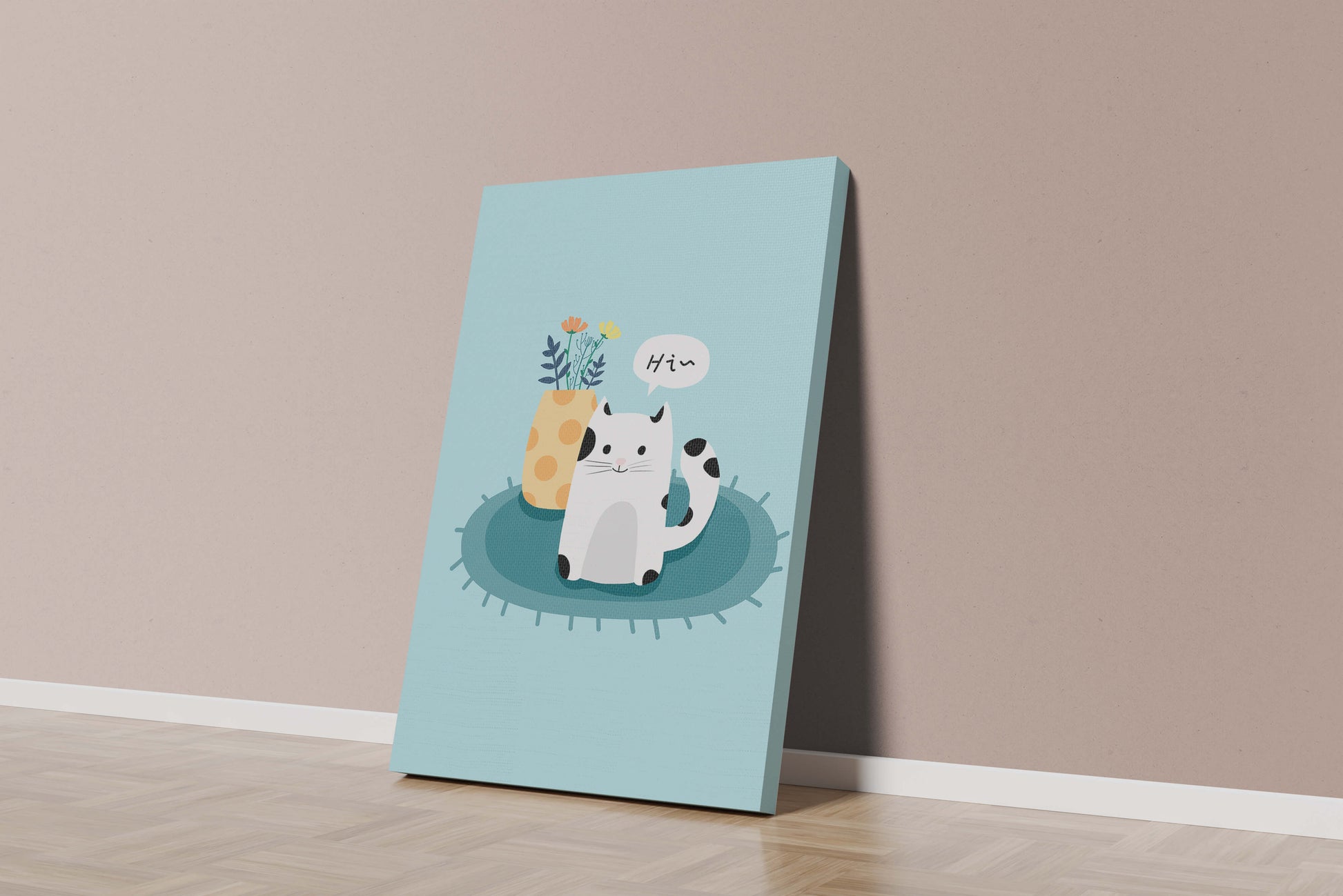 Cute illustration of a cat and flowers on a rug with a speech bubble