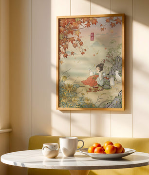 Traditional Chinese painting with autumn scenery and lady sipping tea