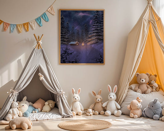 Winter night landscape with snowy cabin and pine forest