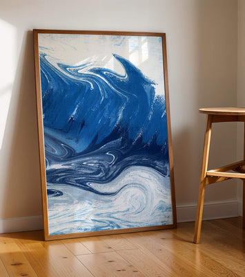 Abstract blue and white ocean wave painting with swirling patterns
