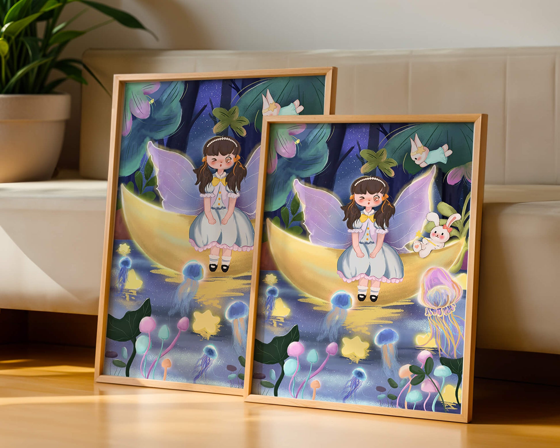 Enchanting fairy scene with glowing jellyfish and moon backdrop