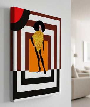 Ilustración de moda con figura en dorado y fondo geométrico