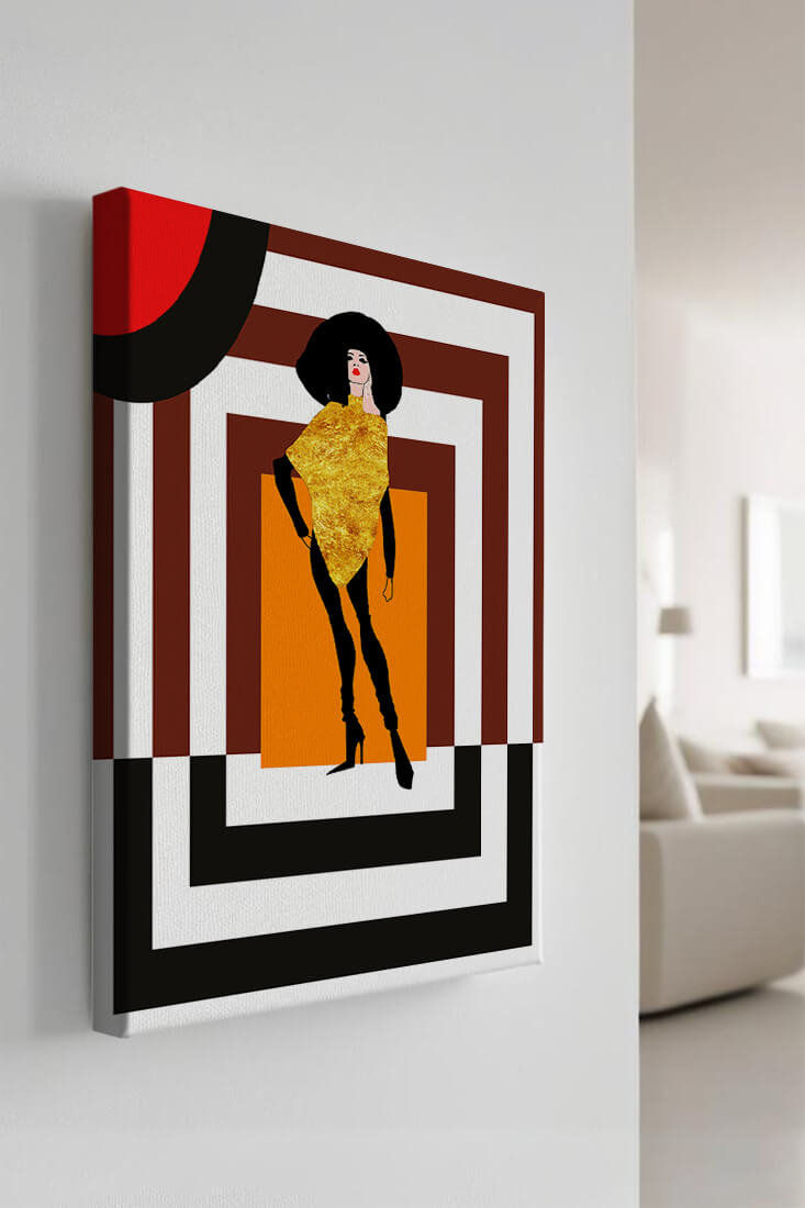 Fashion Illustration with Figure in Gold and Geometric Background