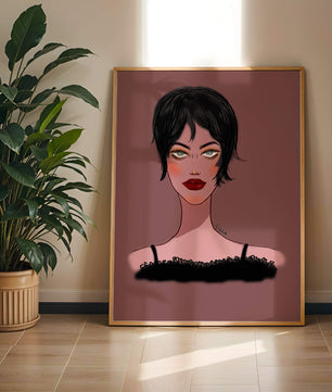Illustration einer Frau mit kurzen schwarzen Haaren und auffälligem Make-up auf braunem Hintergrund