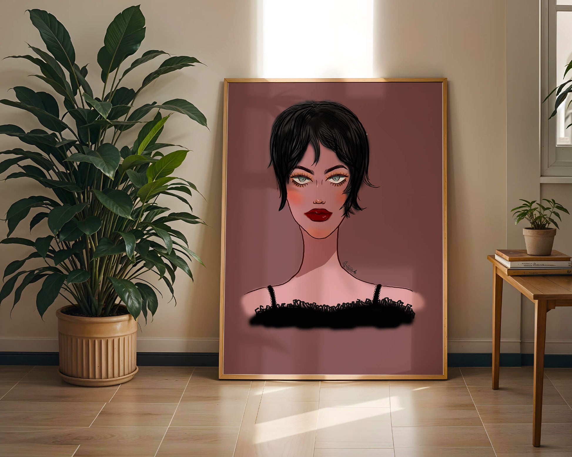 Illustration of a woman with short black hair and striking makeup on a brown background