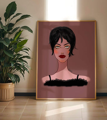 Illustration of a woman with short black hair and striking makeup on a brown background