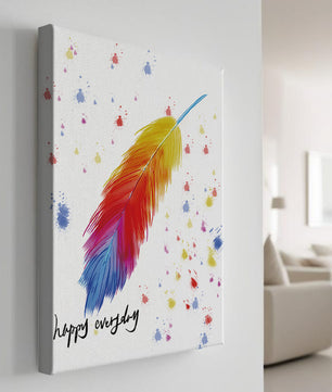 Colorful feather with inspirational message on abstract paint splatter background