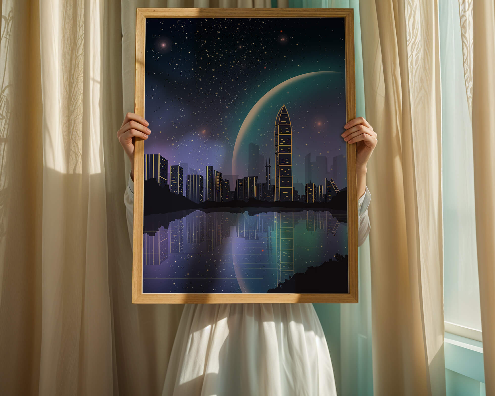 Futuristic cityscape under a starry night sky