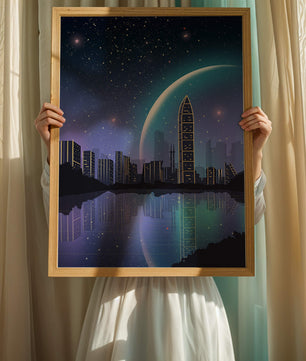 Paisaje urbano futurista bajo un cielo estrellado