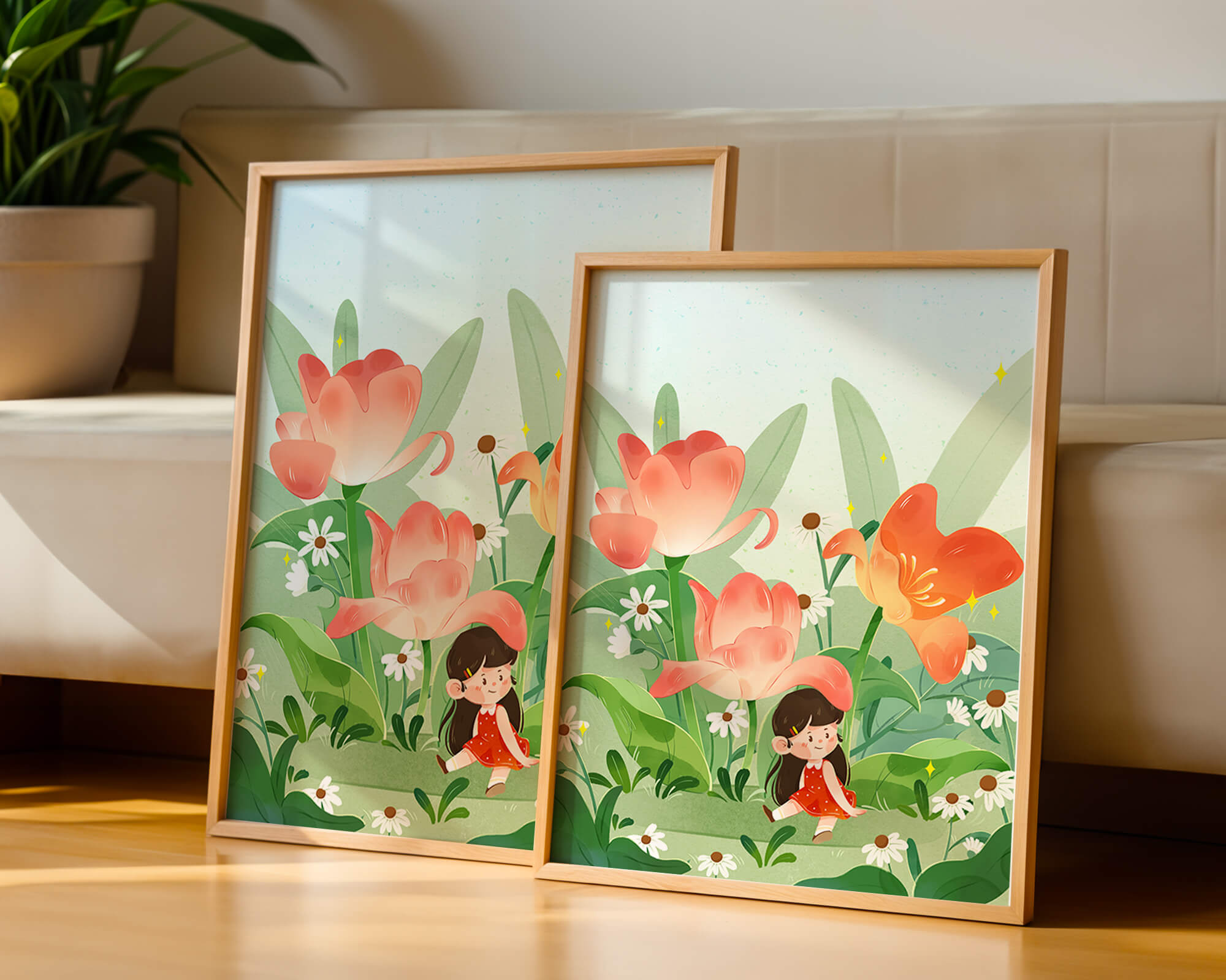 Charming floral garden with whimsical child illustration