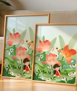 Encantador jardín floral con ilustración de niño caprichoso