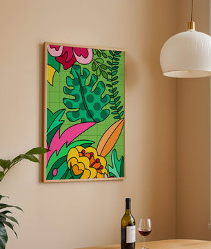 Colorful botanical illustration with vibrant tropical elements