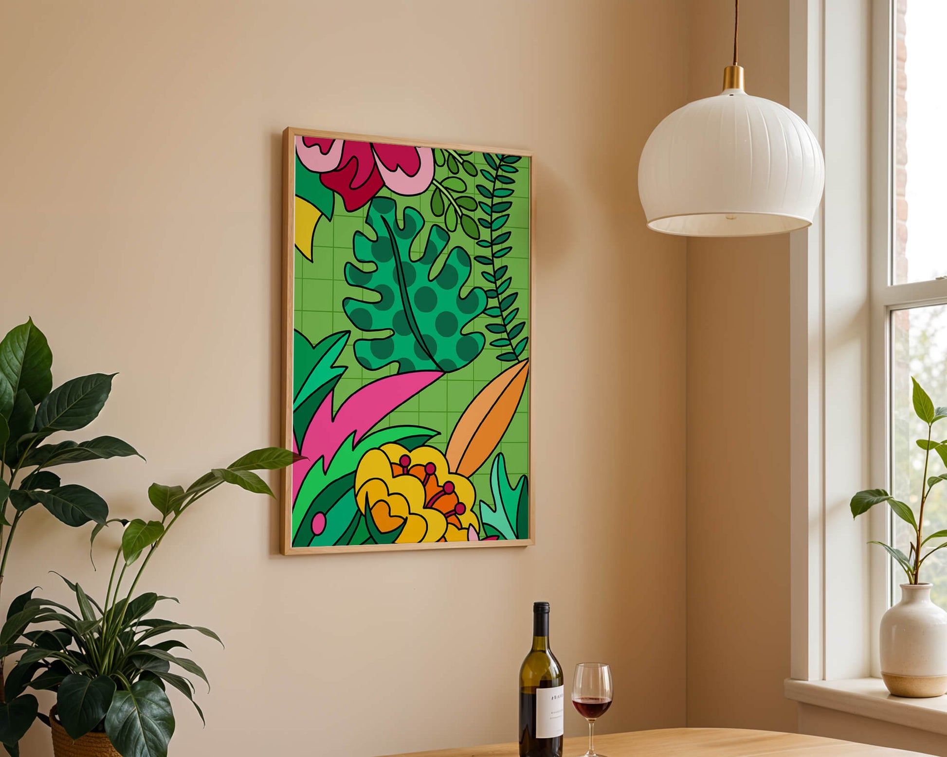 Colorful botanical illustration with vibrant tropical elements