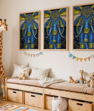 Blue and gold ornate elephant with intricate patterns