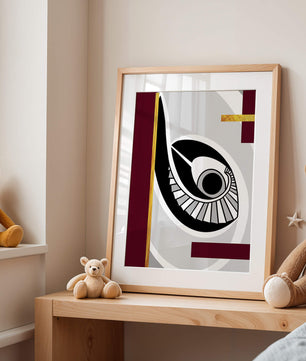 Arte geométrico abstracto con motivo de ojo y detalles dorados