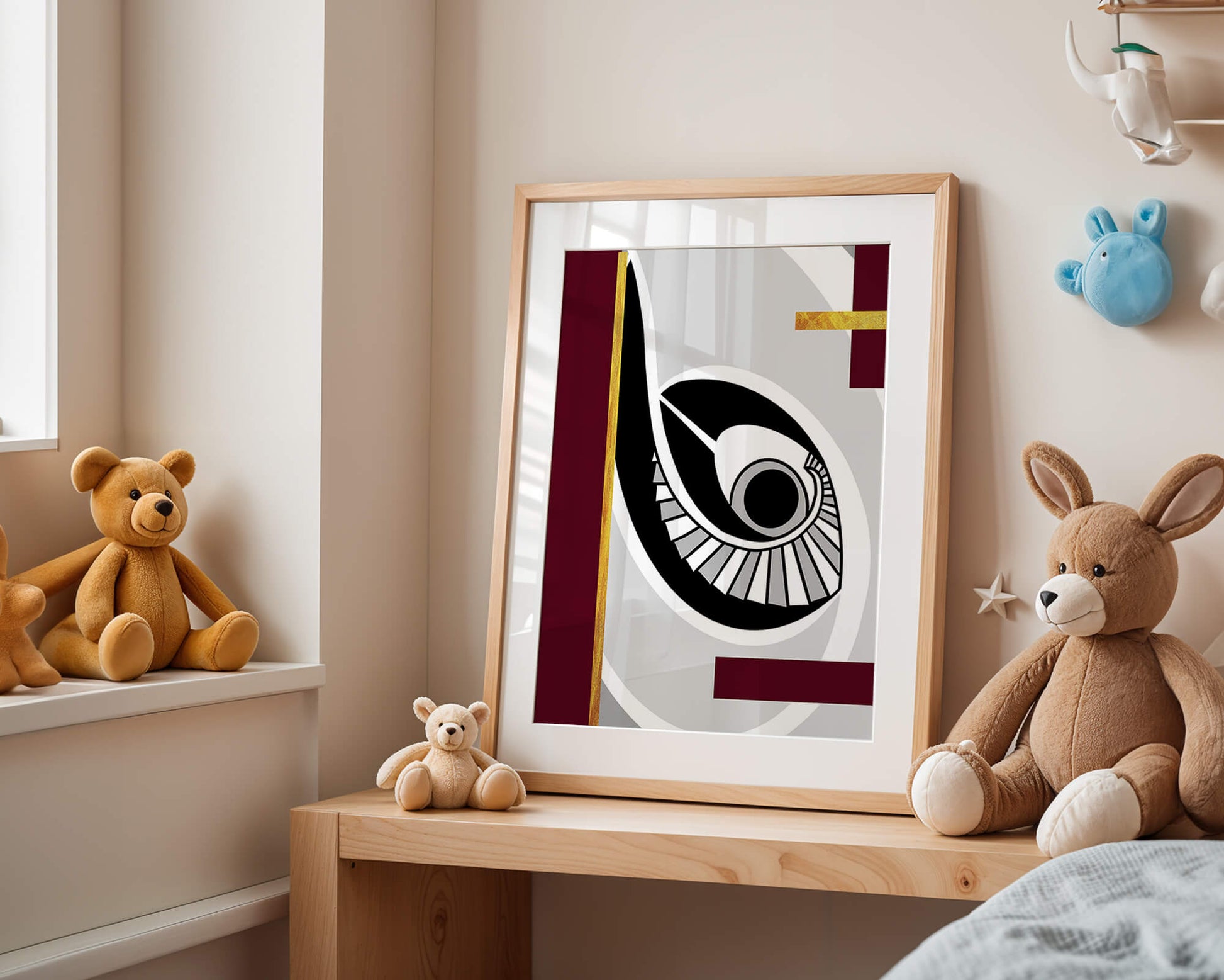 Arte geométrico abstracto con motivo de ojo y detalles dorados