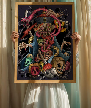 Colorful skeleton with skulls and snake illustration