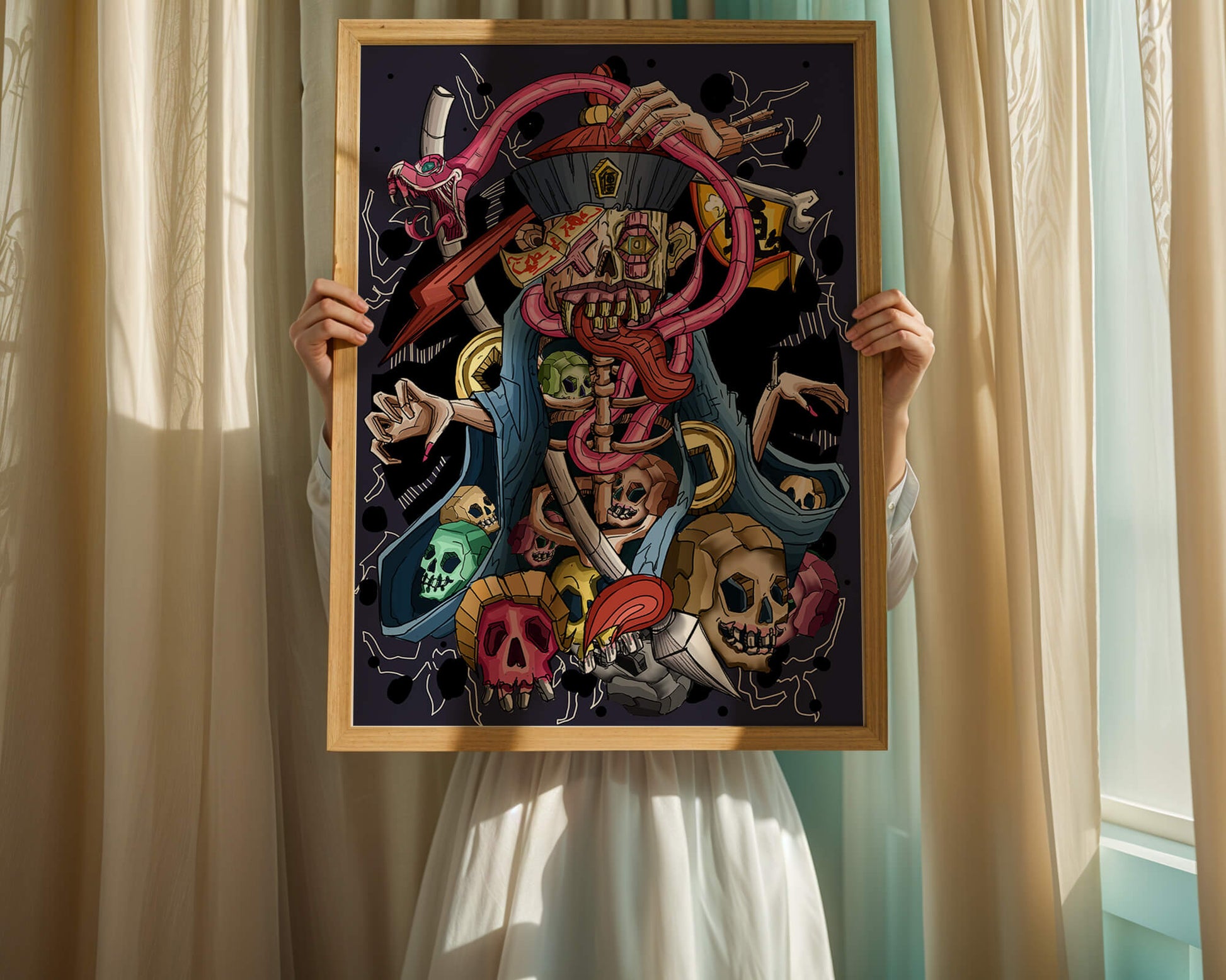 Colorful skeleton with skulls and snake illustration
