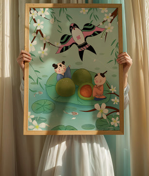 Children Playing on Lotus Leaves with Kite and Cherry Blossoms