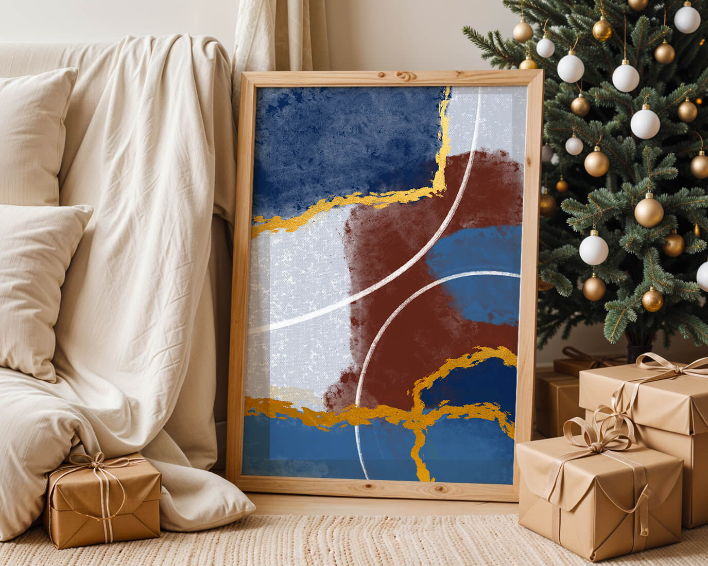 Abstract painting with gold accents and geometric elements