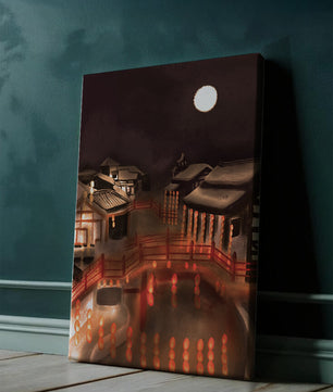 Traditional Japanese village at night with lanterns and full moon