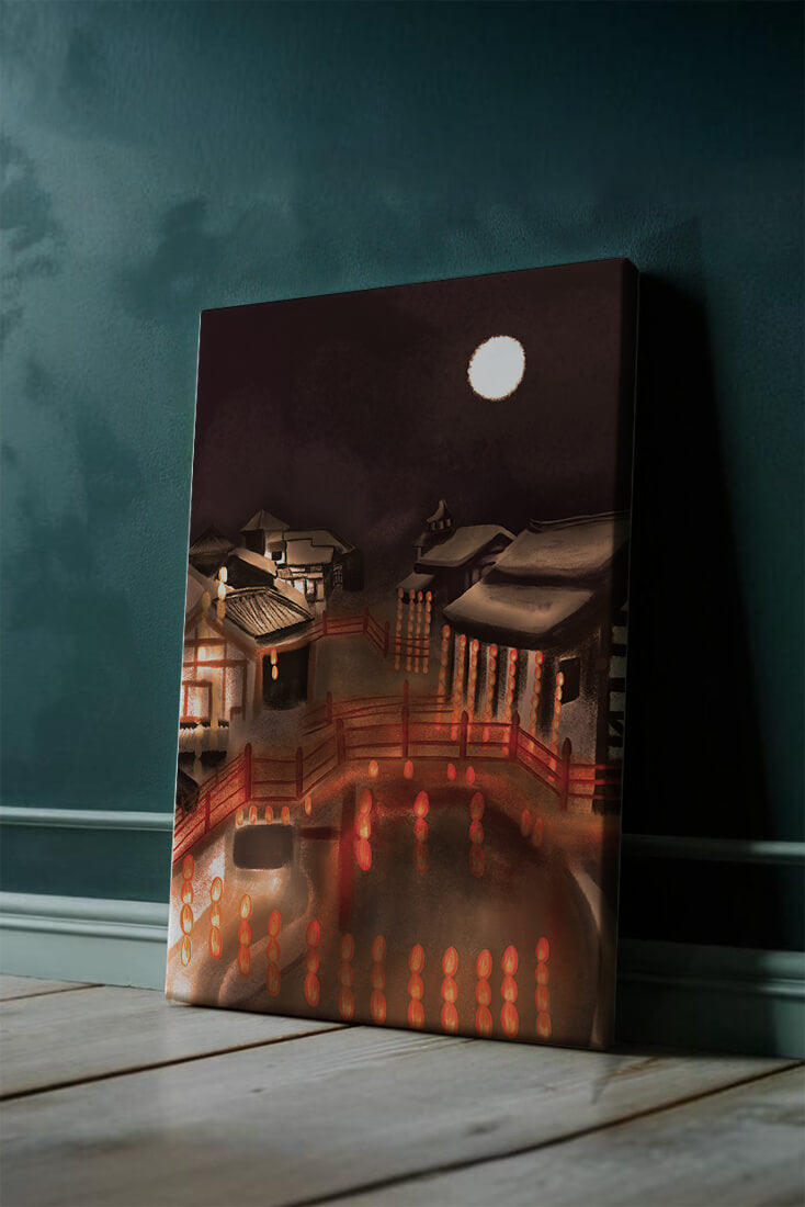 Traditional Japanese village at night with lanterns and full moon