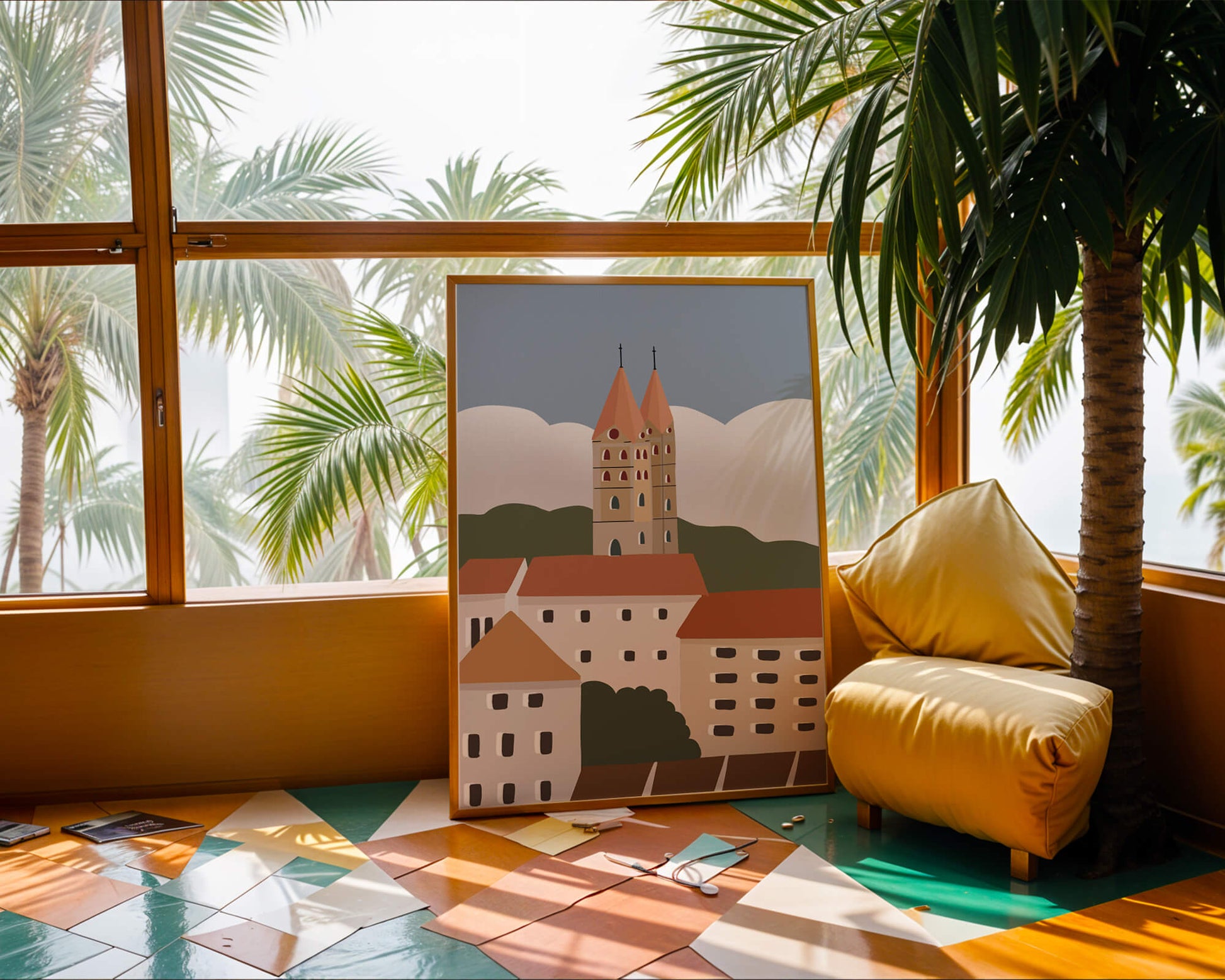 Charming European Cityscape with Church Towers and Colorful Buildings