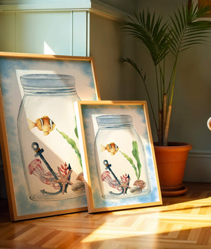 Watercolor illustration of marine life in a jar with a clownfish