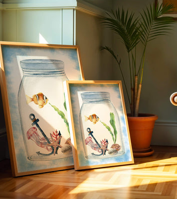 Watercolor illustration of marine life in a jar with a clownfish