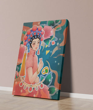 Traditional Asian-inspired illustration with jewelry and floral accents