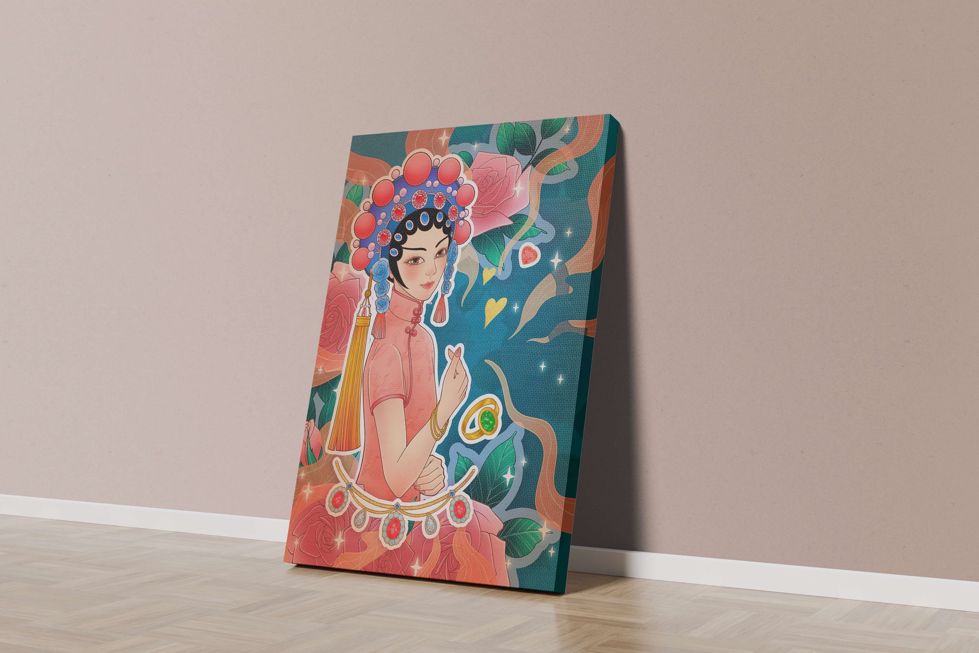 Traditional Asian-inspired illustration with jewelry and floral accents