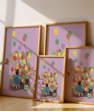 Bunte Luftballons mit einem Kind und einer Katze auf violettem Hintergrund