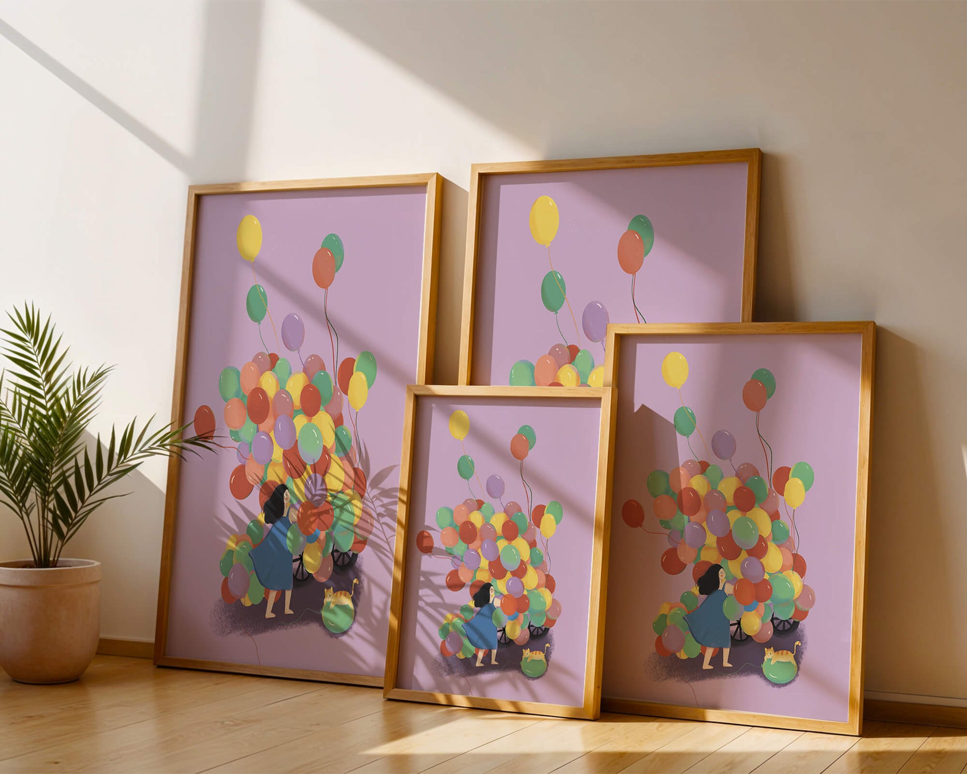 Bunte Luftballons mit einem Kind und einer Katze auf violettem Hintergrund