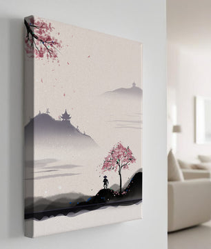 Paisaje sereno con árbol de cerezo y pagodas distantes