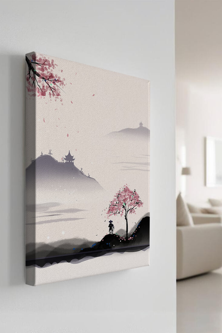 Paisaje sereno con árbol de cerezo y pagodas distantes