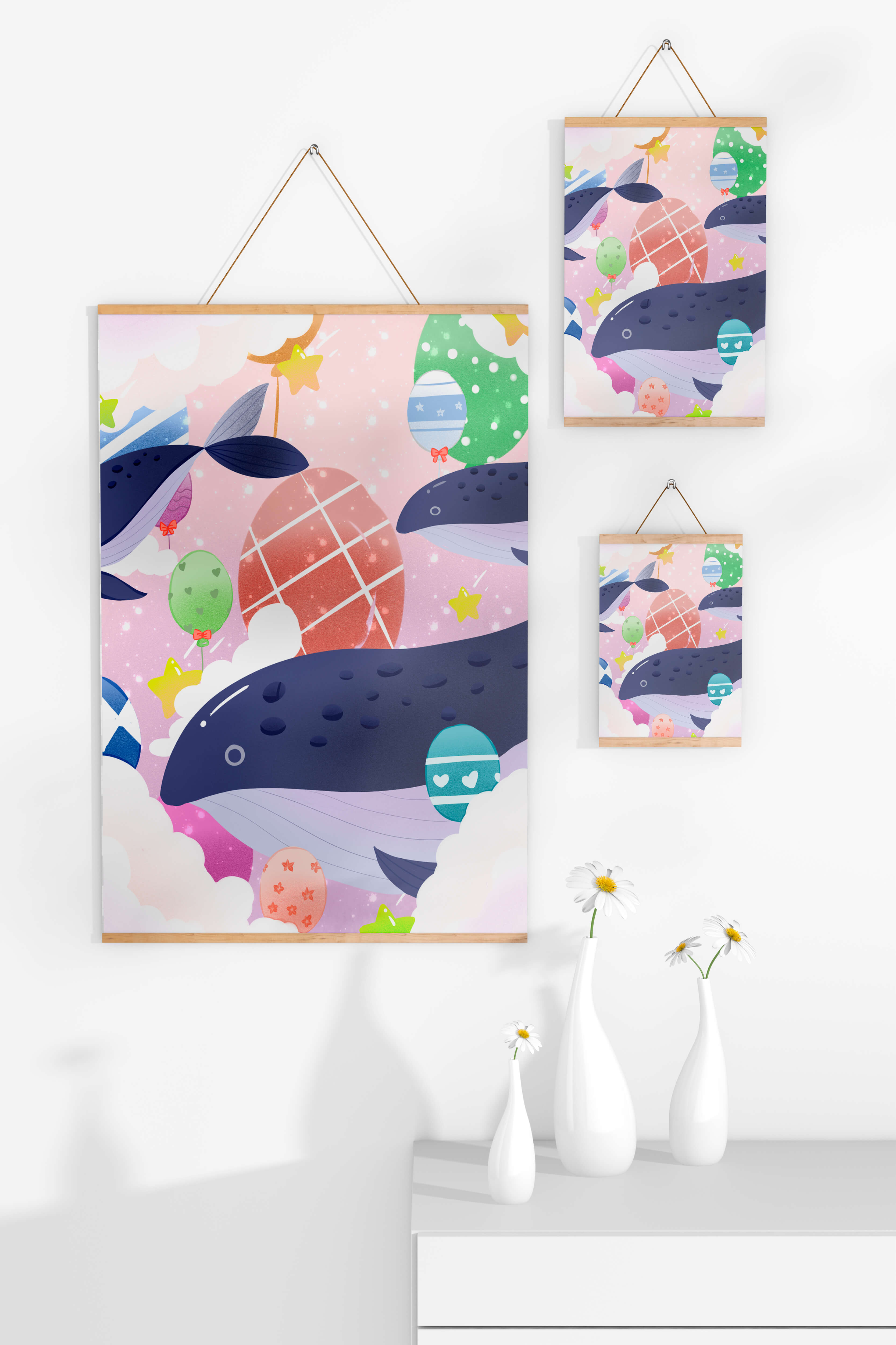 Whimsical illustration of whales and floating stars with colorful eggs