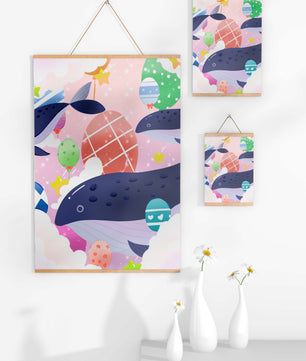 Whimsical illustration of whales and floating stars with colorful eggs
