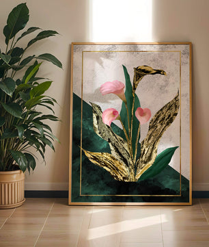 Abstrakte botanische Kunst mit rosa Calla-Lilien und goldenen Blättern
