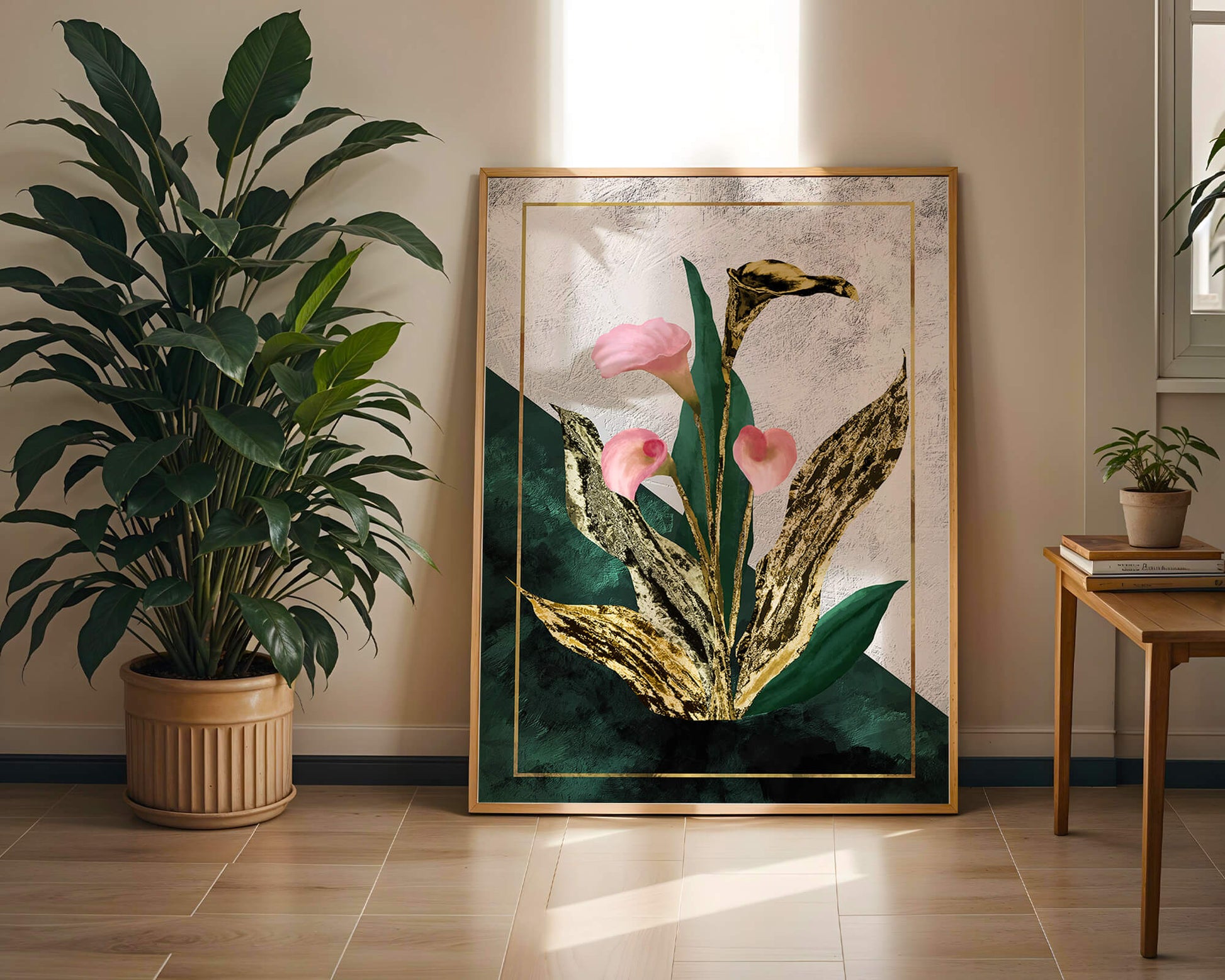 Abstrakte botanische Kunst mit rosa Calla-Lilien und goldenen Blättern