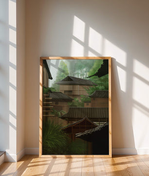 Traditional Japanese Architectural Scene with Lush Greenery