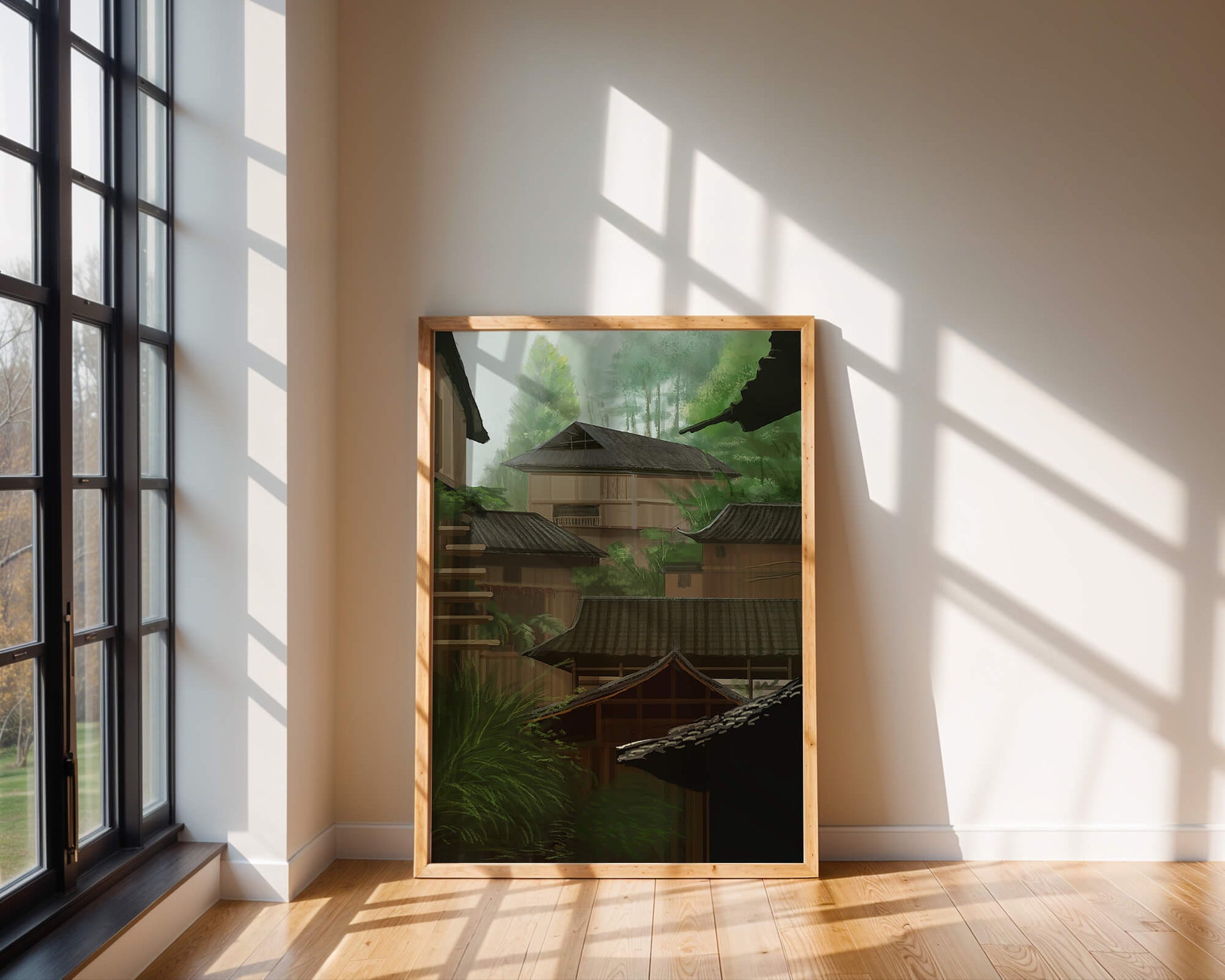 Traditional Japanese Architectural Scene with Lush Greenery