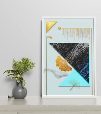 Abstract Composition with Geometric Shapes and Gold Ginkgo Leaves