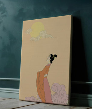Elegant Woman in Traditional Dress with Moon and Clouds
