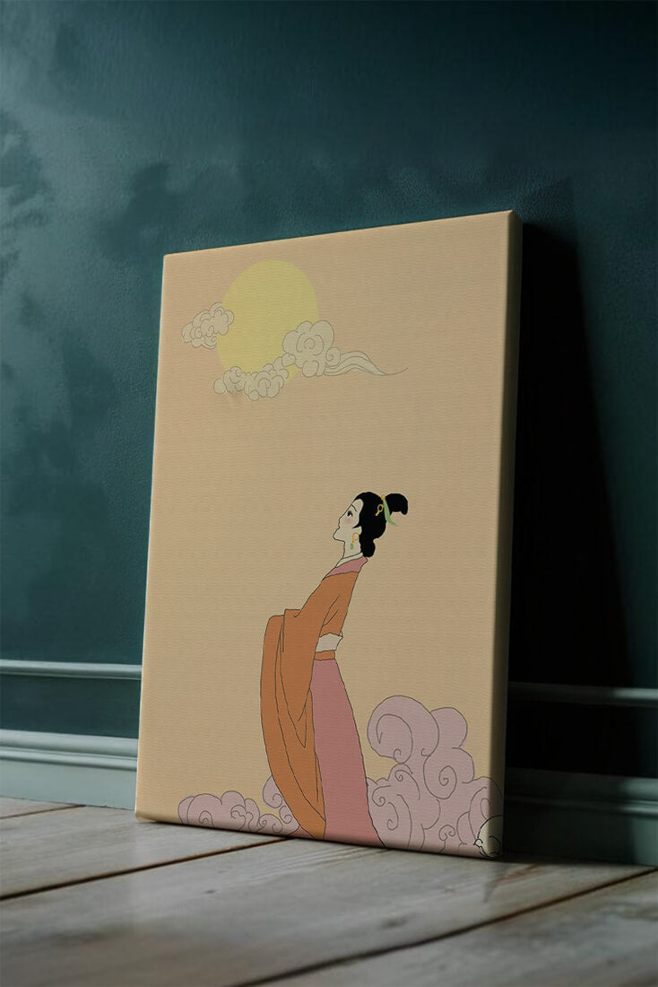 Elegant Woman in Traditional Dress with Moon and Clouds