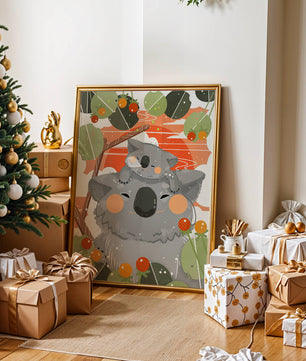 Koalas dans un cadre naturel vibrant aux tons orange et verts