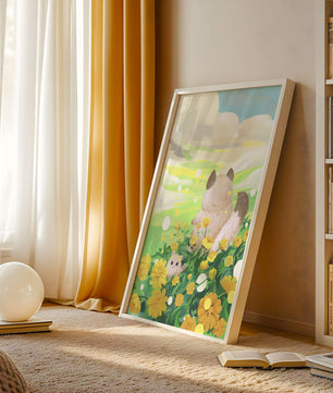 Whimsical Scene of Fluffy Cat and Kitten Among Yellow Flowers