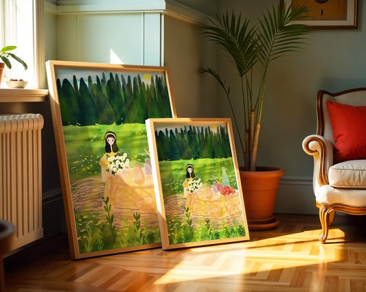 Idyllic picnic scene in a sunny meadow with trees and flowers